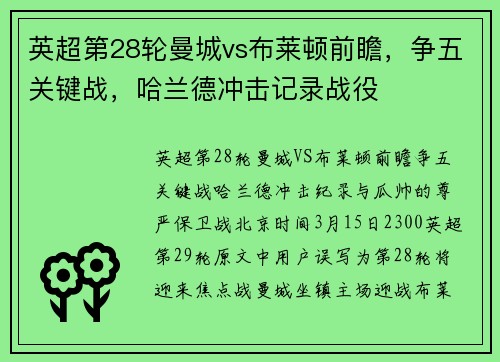 英超第28轮曼城vs布莱顿前瞻，争五关键战，哈兰德冲击记录战役