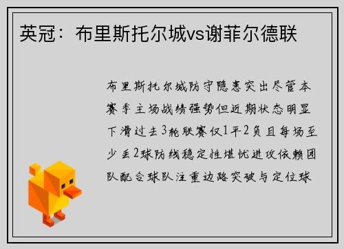 英冠：布里斯托尔城vs谢菲尔德联